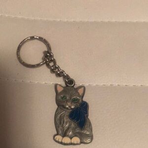 Gray Cat Keychain with Blue Bow